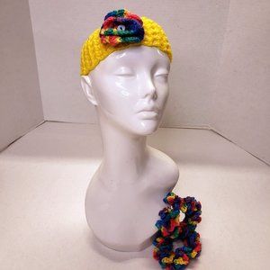 Woman's Handmade Crochet 2 Scrunchies and Flower Headband Rainbow Multicolor